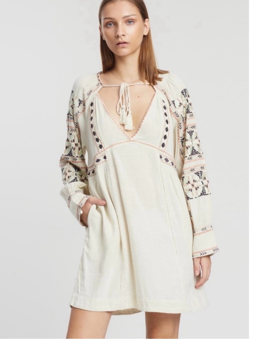 Free People Ivory All My Life Linen Boho Embroidered Mini Dress